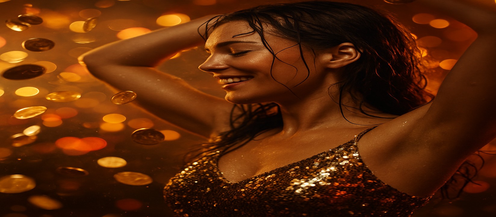 এভিয়েটর গেমে জয়ের আনন্দে উচ্ছ্বসিত এক নারী, চারপাশে উড়ছে স্বর্ণমুদ্রা