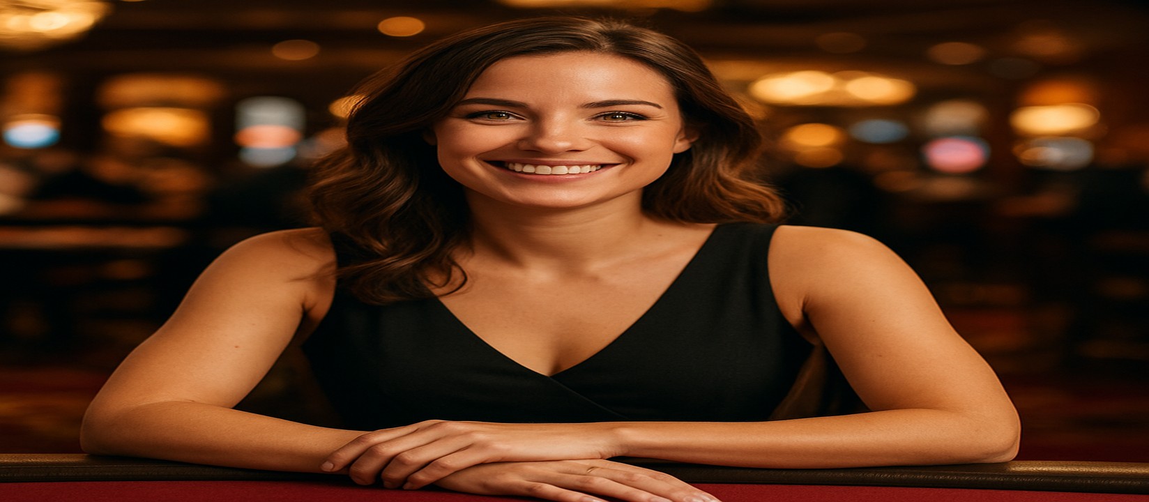 একটি হাসিখুশি নারী tk6666-এ গেমিং প্ল্যাটফর্মে কার্ড টেবিলে বসে সামনে কার্ড ও খেলার সামগ্রী রেখে বিস্তৃত গেমের নির্বাচন উপস্থাপন করেন