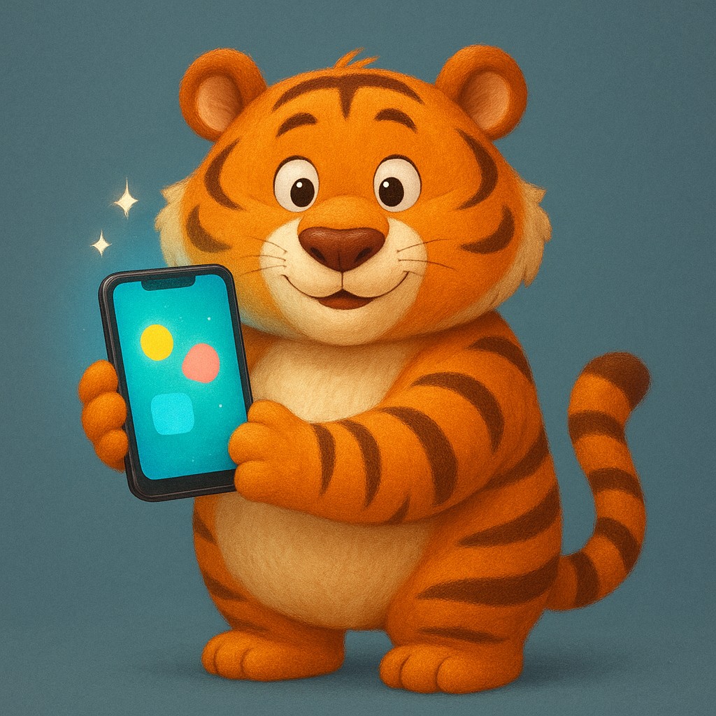 স্মার্টফোনে tk6666 অ্যাপ ব্যবহার করে এমন এক কার্টুন বাঘশাবকের দৃশ্য