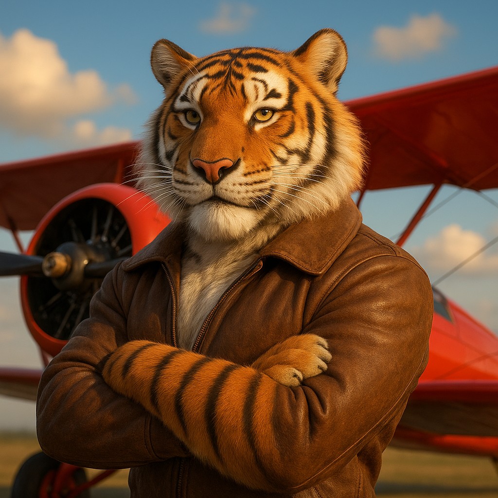 এভিয়েটর গেমের প্রতীক হিসেবে লাল রঙের বিমানের পাশে দাঁড়িয়ে থাকা টাইগার পাইলট