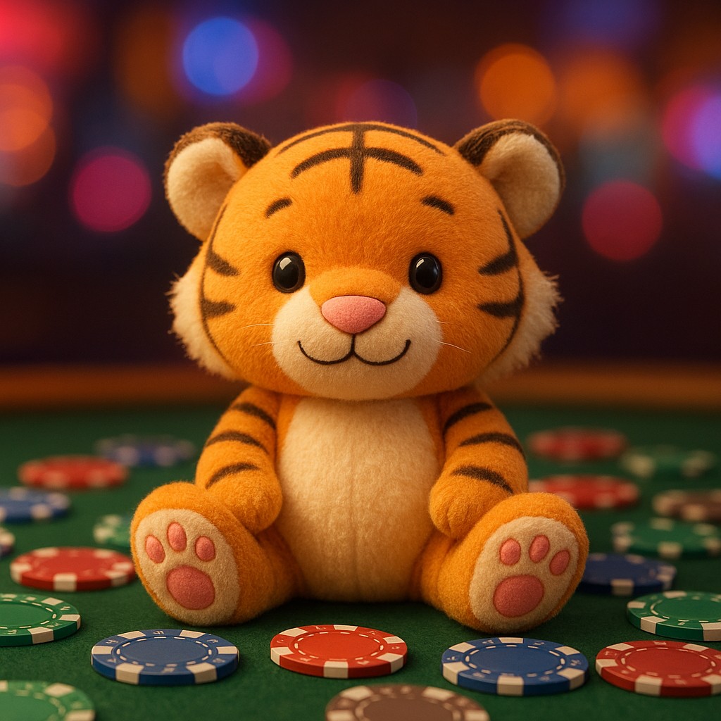 একটি ছোট বাঘের বাচ্চা একটি টেবিলে খেলার সামগ্রীসহ বসে আছে।