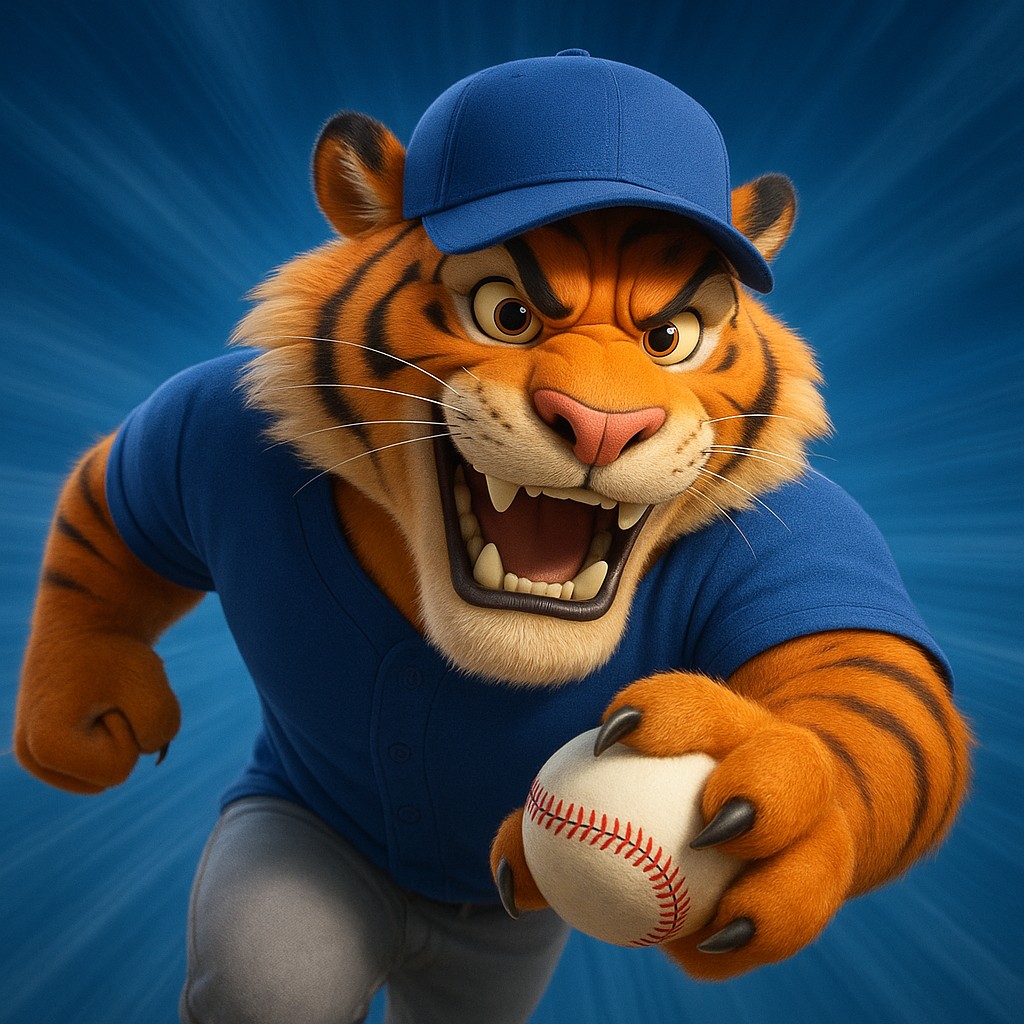 tk6666 ক্রিকেট-গেমিংয়ের প্রতীক হিসেবে হাতে বল ধরে ইউনিফর্ম পরা একটি হাসিখুশি টাইগার শাবক