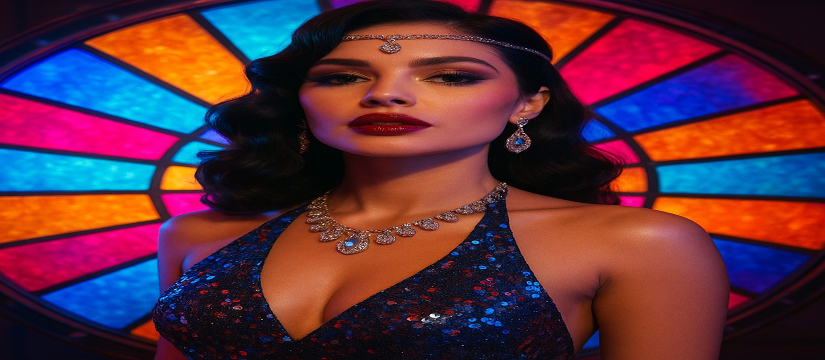 tk6666 রঙিন গেমিং প্ল্যাটফর্মটির সামনে উজ্জ্বল পোশাকে একজন নারী