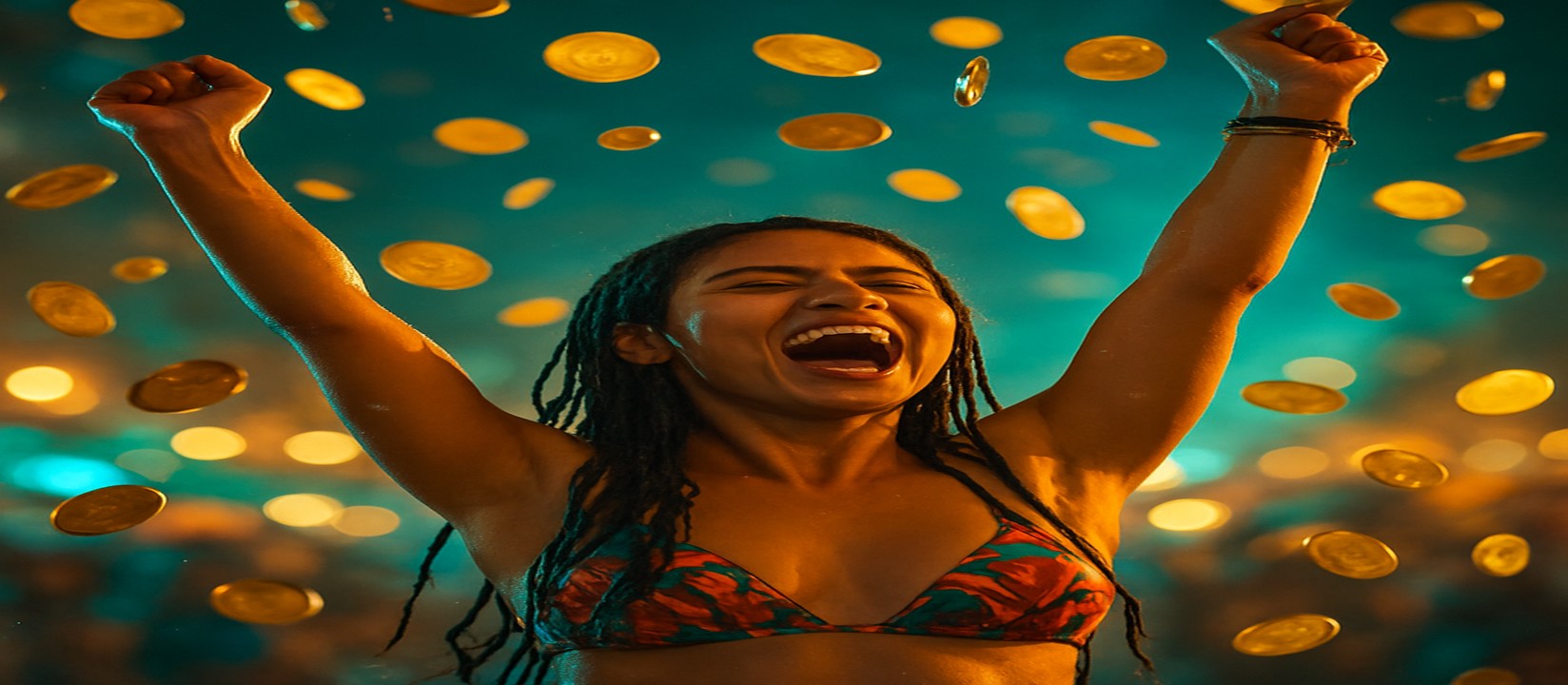 tk6666 মুদ্রার ঝরনার মাঝে রঙিন পোশাকে একজন নারী